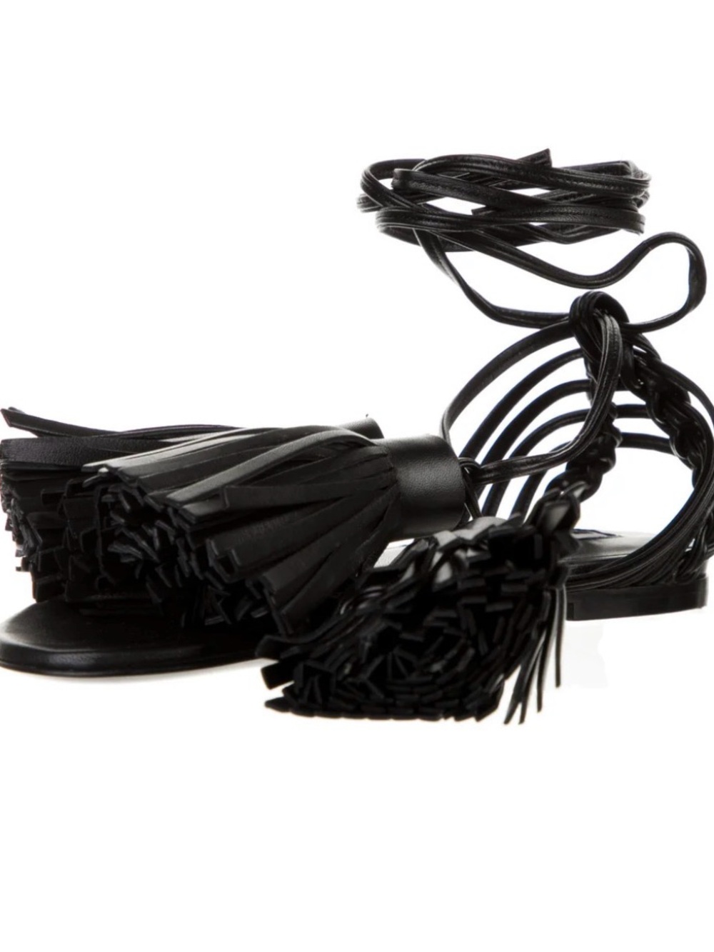 Jil Sander Black Leather Tassel Wrap Sandals - Picture 2 of 5